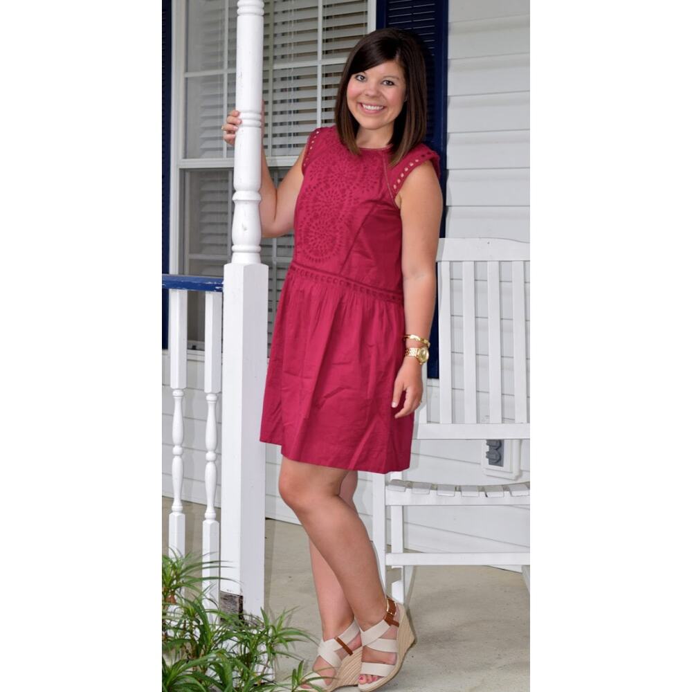 Loft Embroidered Eyelet Trim Mini Dress Red M Drop Waist Silhouette Boho Style